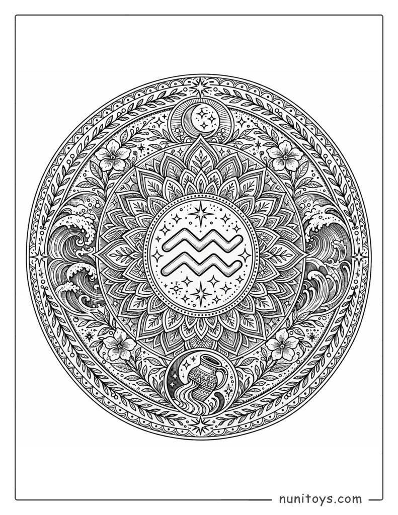 Aquarius mandala coloring page with fine textures and deep layered circular composition