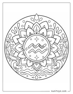 Aquarius mandala coloring page with layered floral petals and flowing water elements