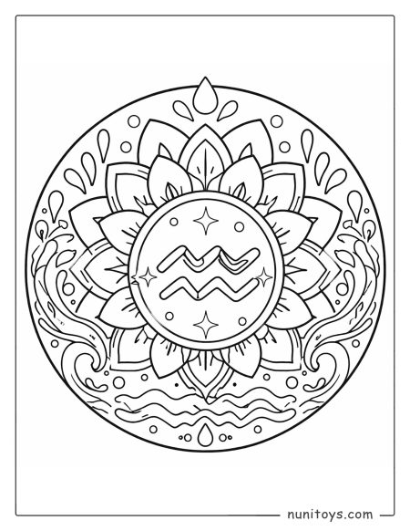 Aquarius mandala coloring page with layered floral petals and flowing water elements