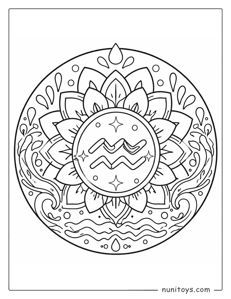 Aquarius mandala coloring page with layered floral petals and flowing water elements