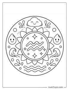 Aquarius mandala coloring page with minimal details and fun water-themed decorations