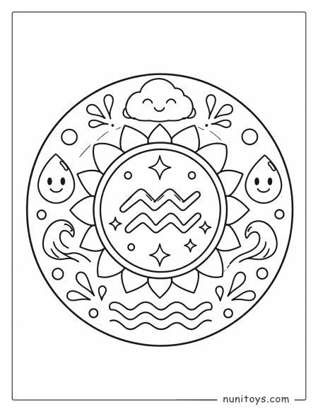 Aquarius mandala coloring page with minimal details and fun water-themed decorations