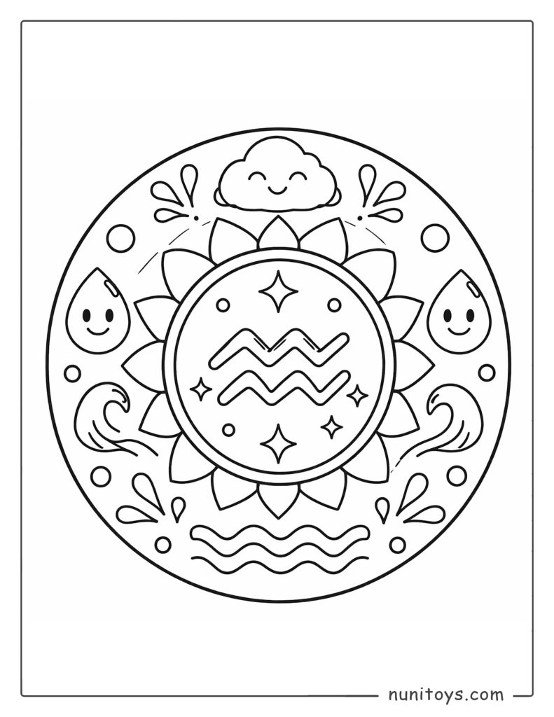 Aquarius mandala coloring page with minimal details and fun water-themed decorations