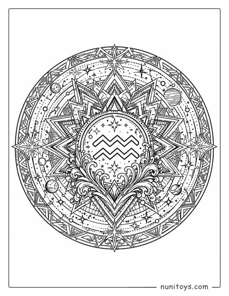 Aquarius mandala coloring page with repeating angular patterns and abstract cosmic structure