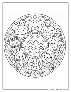 Aquarius mandala coloring page with smiling zodiac icons and soft rounded shapes