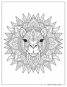 Camel Face Mandala Coloring Sheet with Geometric Sunburst