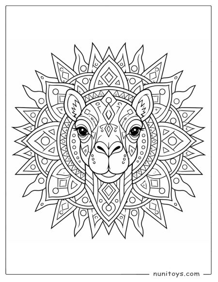 Camel Face Mandala Coloring Sheet with Geometric Sunburst