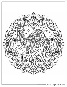 Camel Mandala Coloring Sheet with Palm Tree Desert Scene