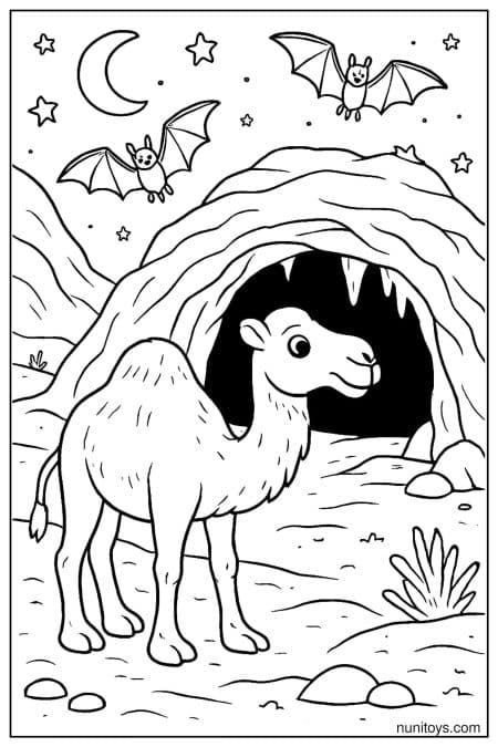 Camel Coloring Page Standing by Cave with Bats