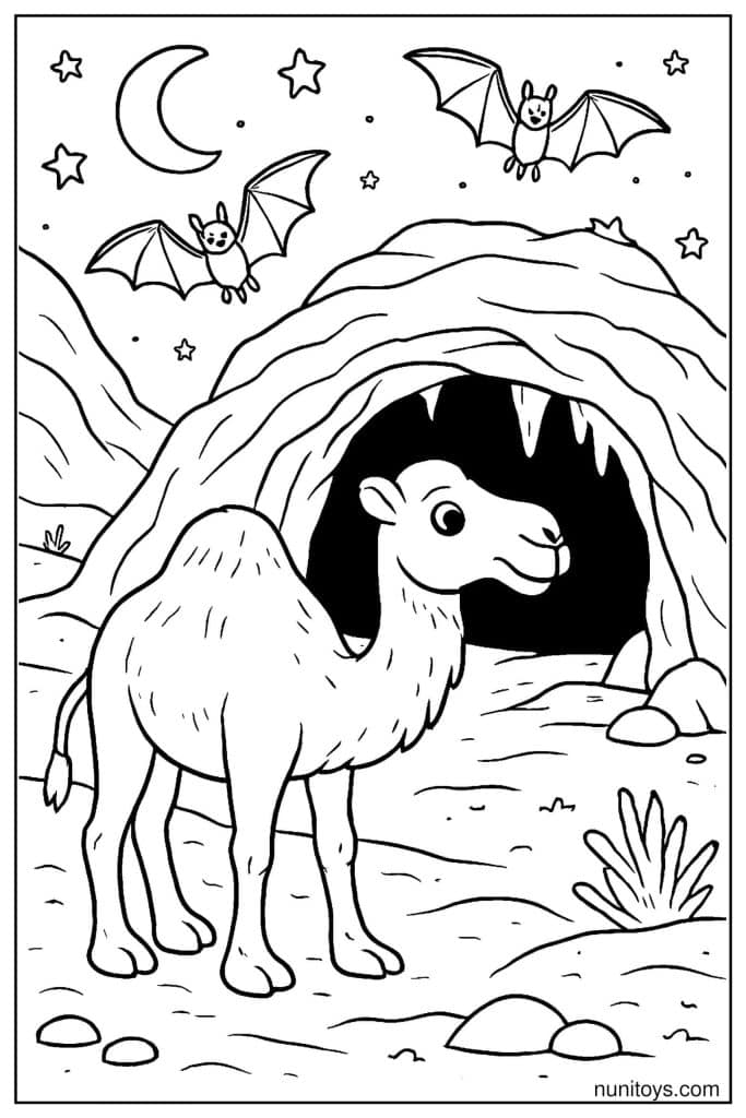 Camel Coloring Page Standing by Cave with Bats