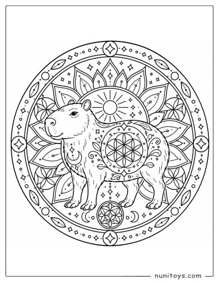 Capybara Coloring Page Inside Sun and Star Mandala