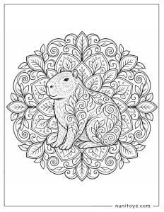 Capybara Coloring Sheet Sitting in Leaf Mandala