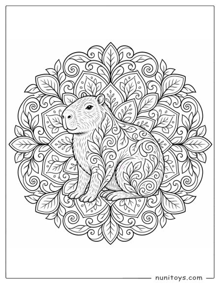 Capybara Coloring Sheet Sitting in Leaf Mandala