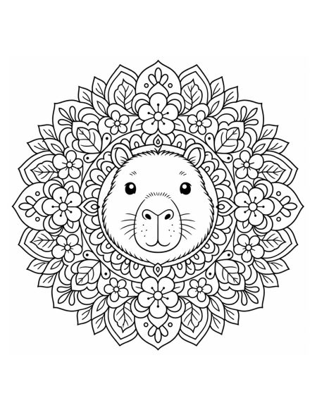 Capybara Face in Floral Mandala Coloring Sheet