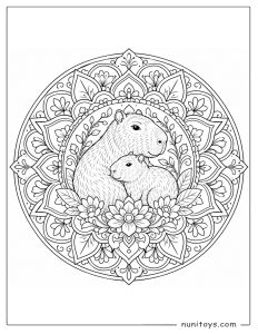 Capybara Family Coloring Page in Floral Mandala