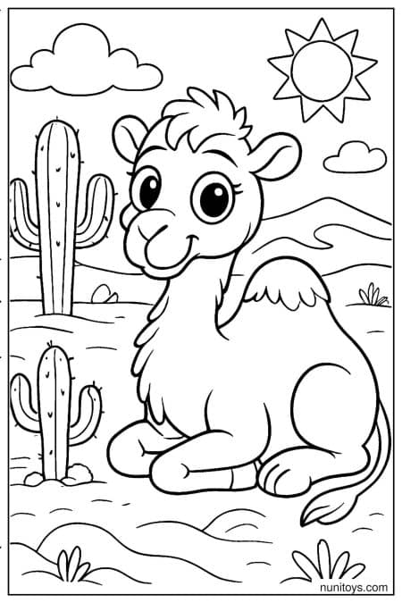 Camel Coloring Sheet Sitting Near Tall Cactus