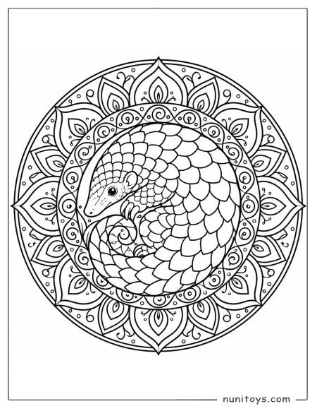 Curled Pangolin Inside Ornamental Mandala Coloring Page
