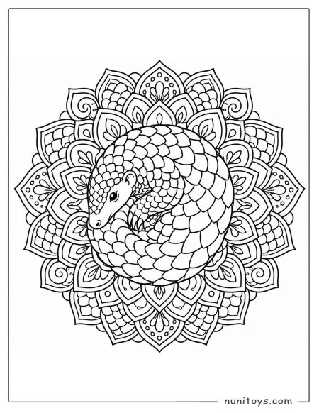Curled Pangolin Mandala Coloring Page with Floral Border