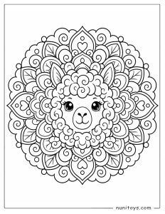 Coloring Page of a Cute Alpaca Face Surrounded by Swirl Mandala