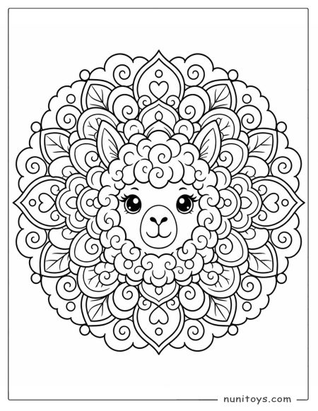 Coloring Page of a Cute Alpaca Face Surrounded by Swirl Mandala