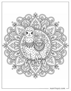 Cute Alpaca Wearing Blanket in Floral Mandala Coloring Page