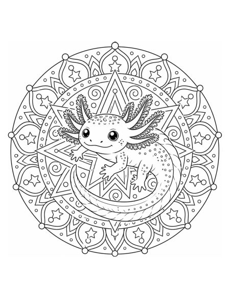 Cute Axolotl Floating in Star Mandala Coloring Page