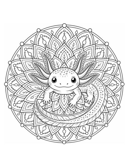Cute Axolotl Resting in Leaf Mandala Coloring Page