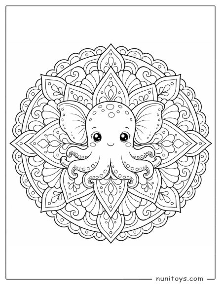 Cute Baby Dumbo Octopus Mandala Coloring Sheet