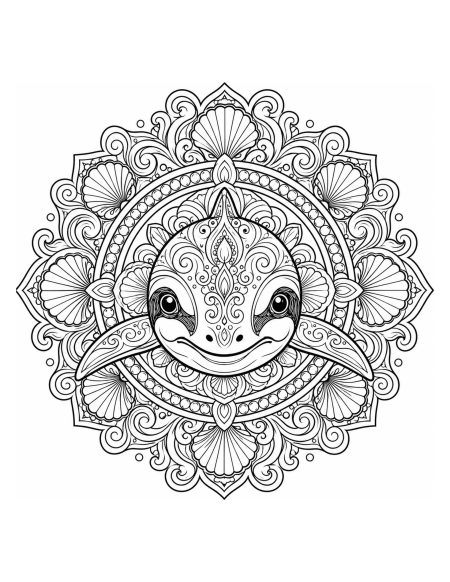 Cute Vaquita Face with Seashell Mandala Coloring Page