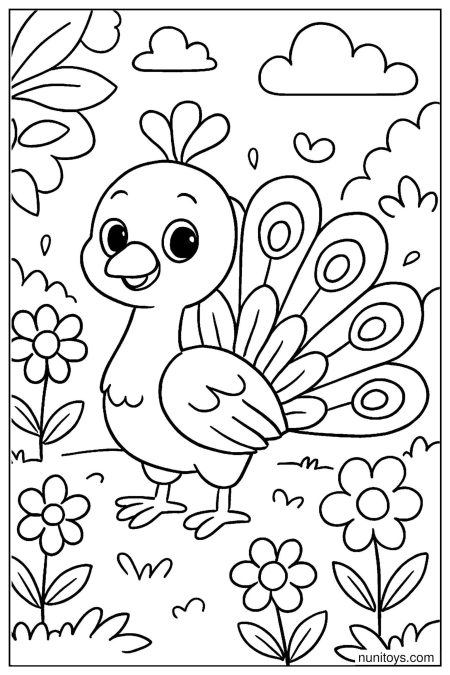 Peacock stands among flowers with tail feathers spread Coloring Page
