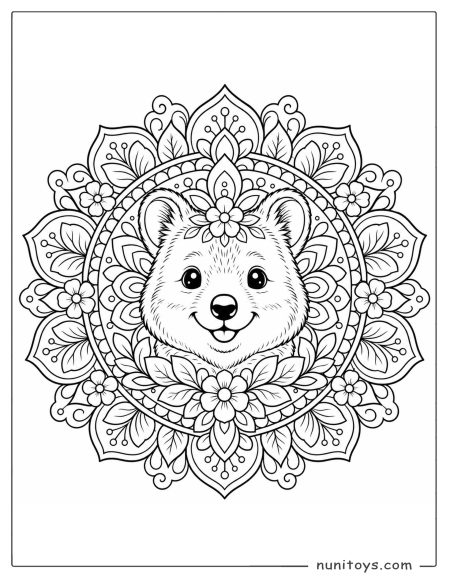 Cute Quokka Face in Flower Mandala Coloring Sheet