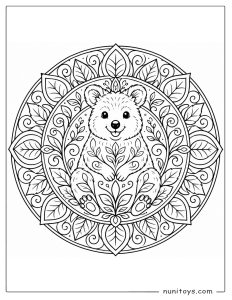 Cute Quokka Sitting in Leaf Mandala Coloring Illustration