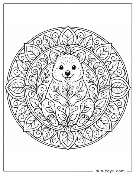 Cute Quokka Sitting in Leaf Mandala Coloring Illustration