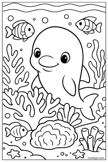 Cute Vaquita Among Coral and Fish Printable Sheet