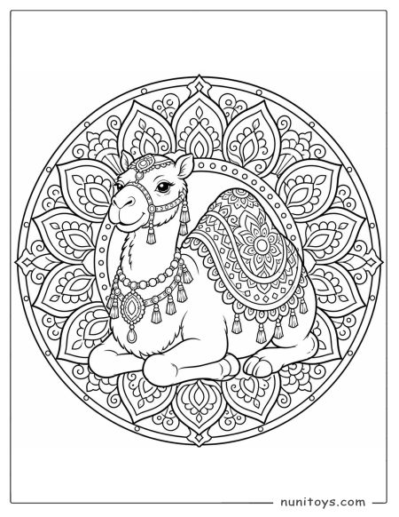 Decorated Camel Mandala Coloring Sheet with Saddle Details