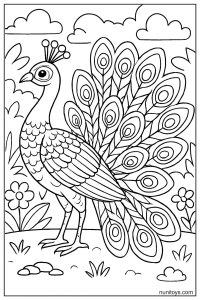 דף צביעה טווס מפורט בפרופיל צד עם זנב עשיר בדוגמאות