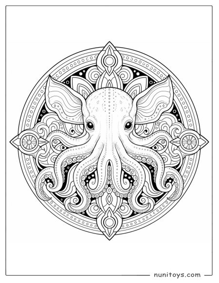 Dumbo Octopus Coloring Illustration with Ornate Mandala
