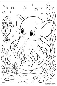 Dumbo Octopus Coloring Page with Seahorse Nearby