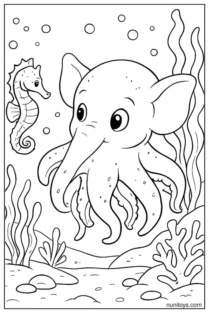 Dumbo Octopus Coloring Page with Seahorse Nearby