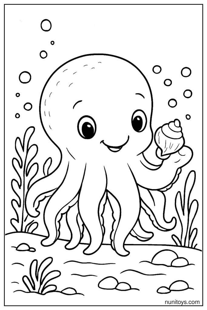 Dumbo Octopus Coloring Page Holding Shell Underwater