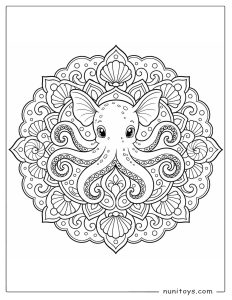 Dumbo Octopus Coloring Sheet with Seashell Mandala