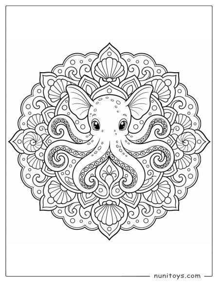 Dumbo Octopus Coloring Sheet with Seashell Mandala