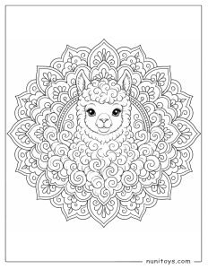 Fluffy Alpaca Peeking Through Ornate Mandala Coloring Page