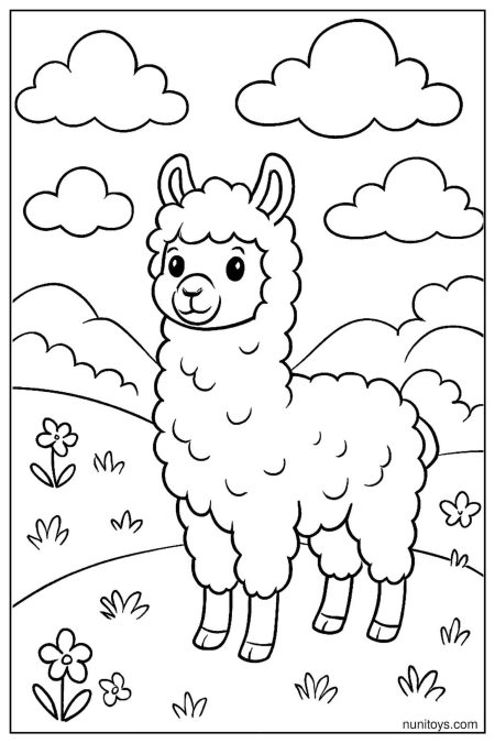 Fluffy Alpaca Standing in Open Field with Clouds Coloring Page