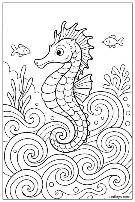 Free Seahorse Coloring Sheet with Waves