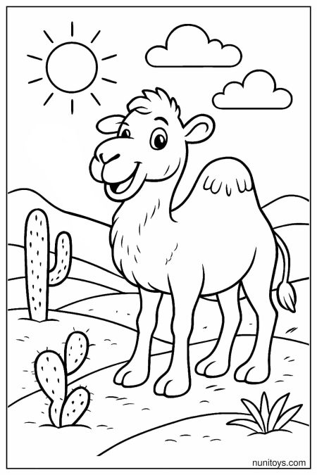 Printable Camel Standing Near Cactus Under Bright Sun