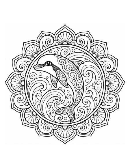 Full Body Vaquita Swimming in Wave Mandala Coloring Page