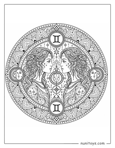 Gemini mandala coloring page combining repeating patterns and zodiac duality elements