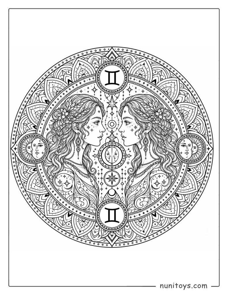 Gemini mandala coloring page combining repeating patterns and zodiac duality elements