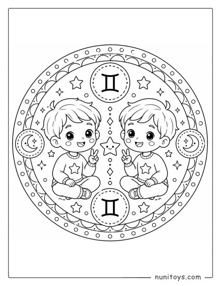 Gemini mandala coloring page featuring playful faces and easy symmetrical design for kids